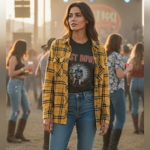 Women's Yellow Plaid Button-Up Shirt Jacket